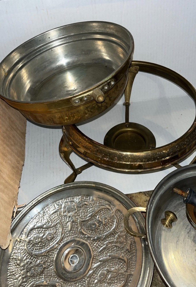 RARE RESEARCH 1st Vtg Darius solid brass middle eastern chafing dish warming pan