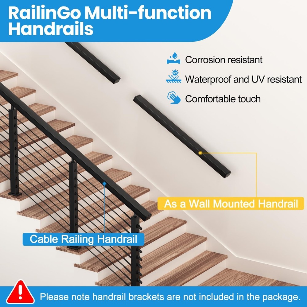 6'6'' Rectangular Cable Railing Handrail, Black Stainless Steel Handrail with...
