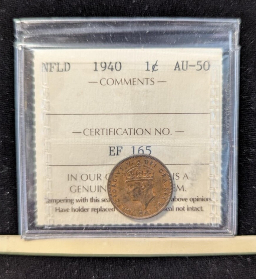1940  ICCS Graded Newfoundland One Cent **AU-50** EF 165