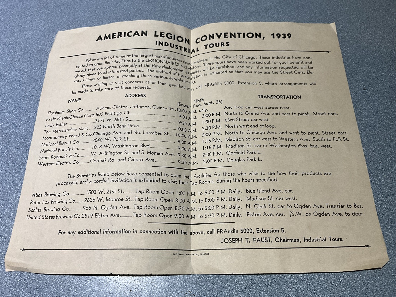 Vintage 1939 American Legion Pamphlet Brochure INDUSTRIAL TOURS CHICAGO ILLINOIS