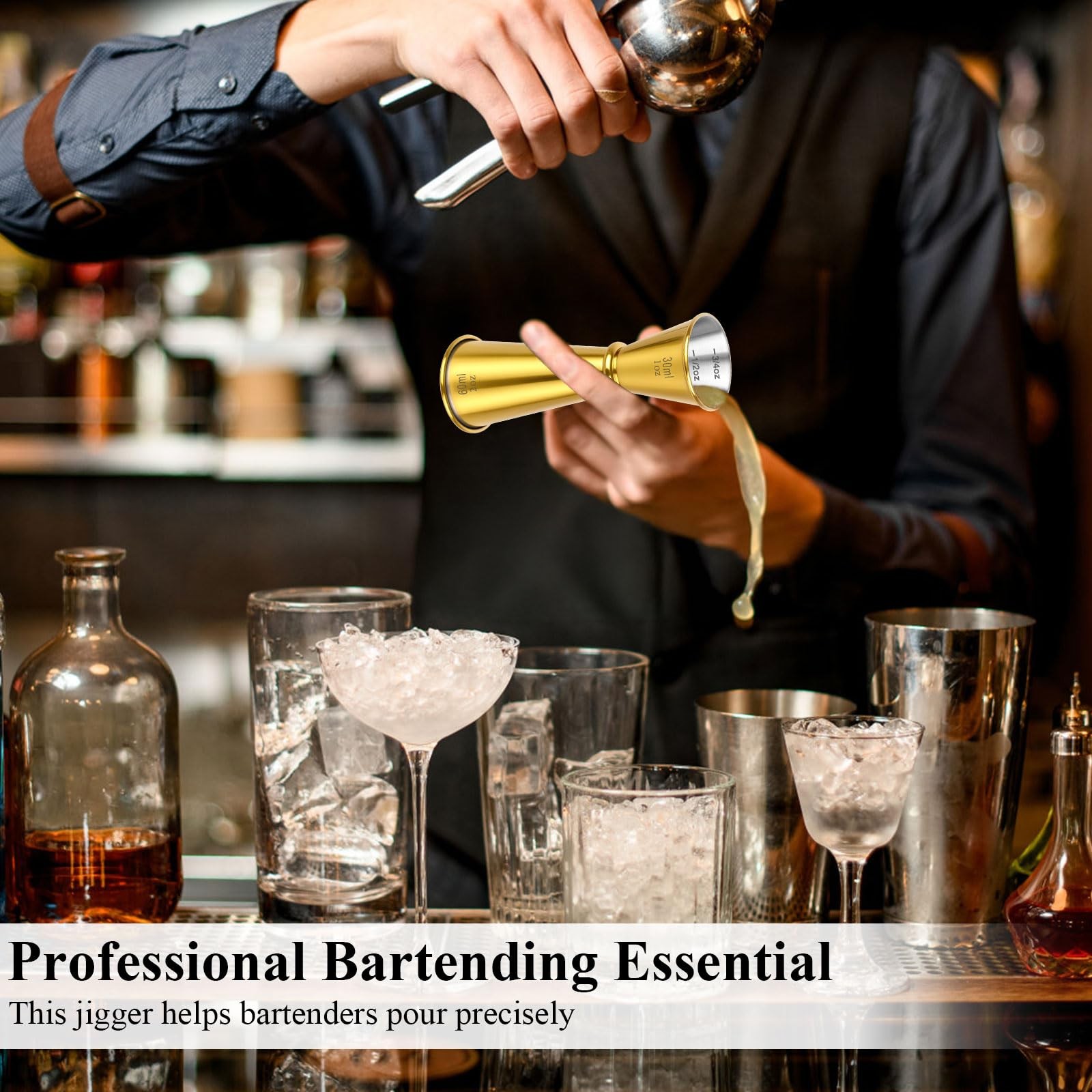 2 Pack Jigger for Bartending, 2 OZ 1 Double Shot Standard, Gold & Silver