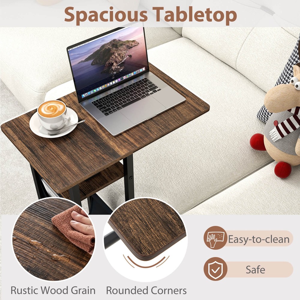 C-shaped End Table w/ Charging Station Rolling Bedside Table Couch Side Table