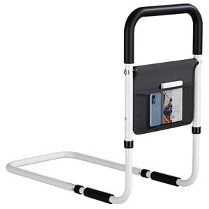 Adjustable Bed Rail Support Handle with Storage Pouch, White and Black, Height