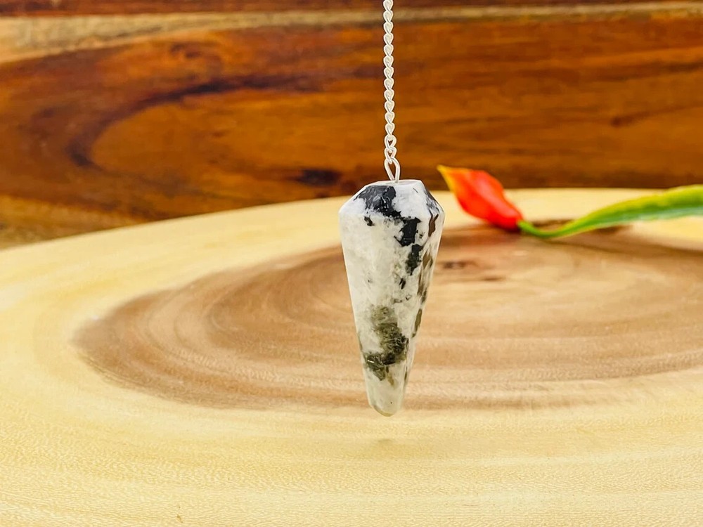 Rainbow Moonstone Pendulum With Silver Plated Chain, Point Pendulum Faceted