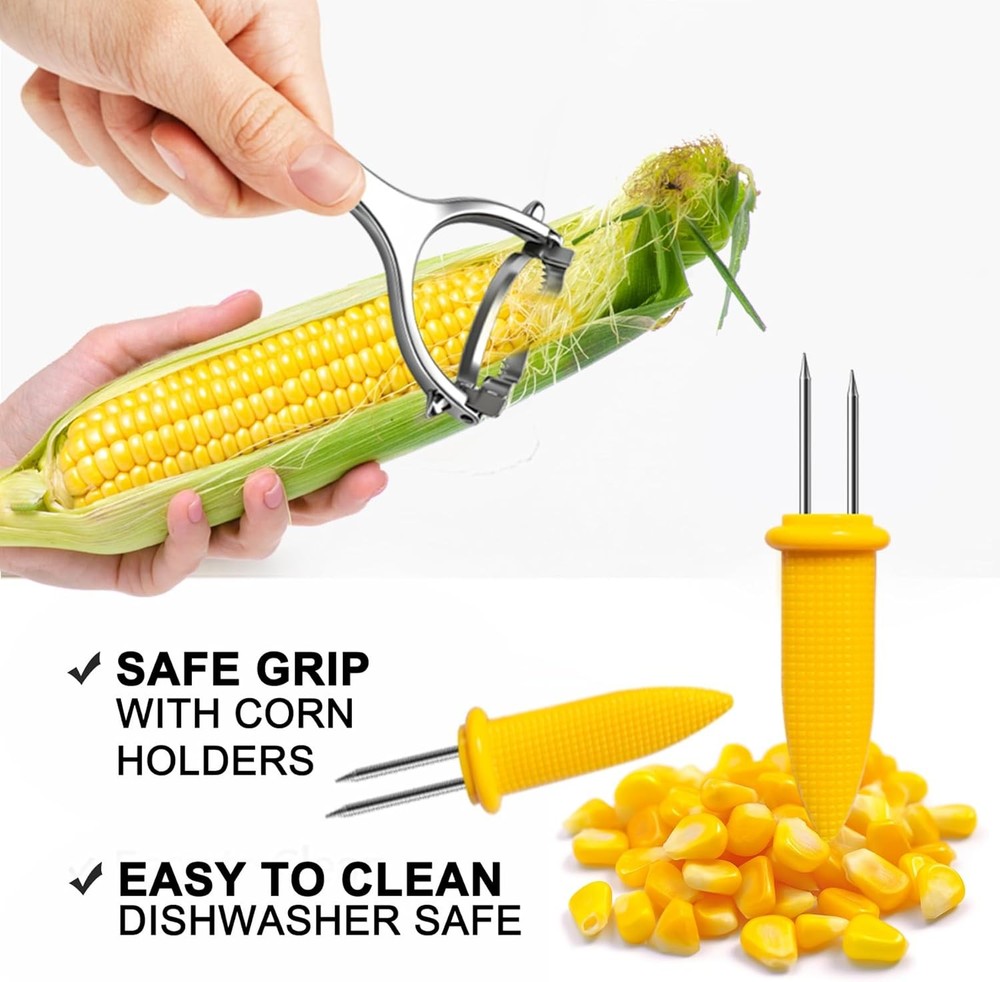 Corn Peeler Tool Set, Stainless Steel Corn Kernel Remover with Serrated Blade, E