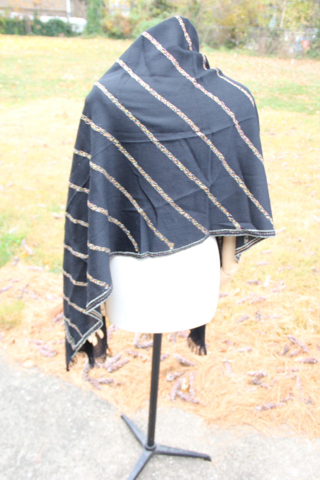 Wool Large Throw/Shawl Black Embroidered Trim and Fringe 76"x25"