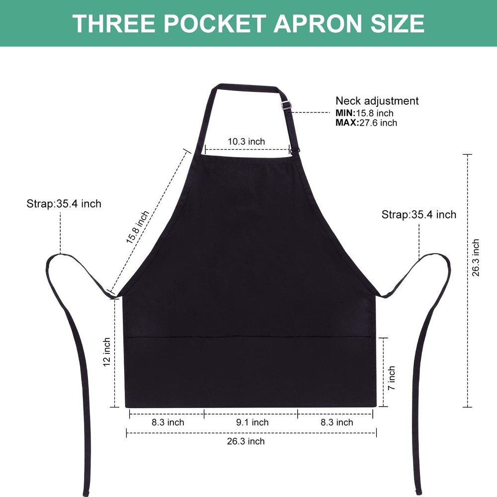 2 Pack Bib Apron 3 Pockets Adjustable Chef Kitchen Cooking Aprons Black