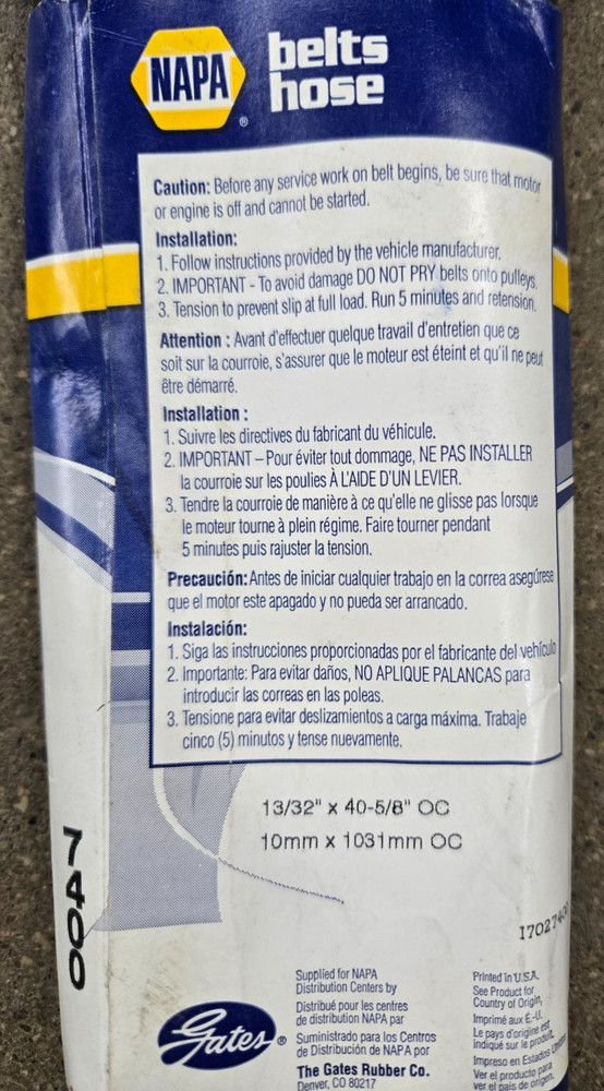 NAPA BELT PART NUMBER 257400