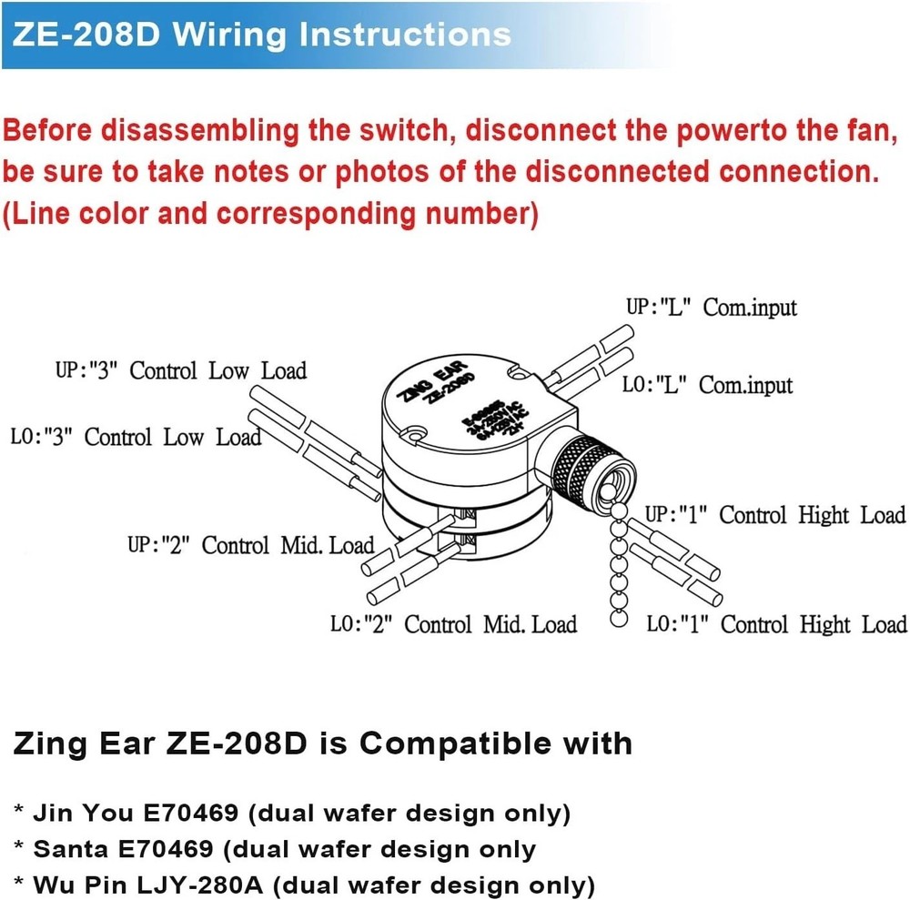 Ceiling Fan Switch Zing Ear ZE-208D 3 Speed Control 5-8 Wire Pull Chain Switch