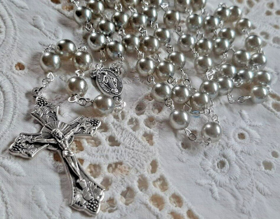 SILVER SMOKE CZECH GLASS PEARL ROSARY IN SILVER