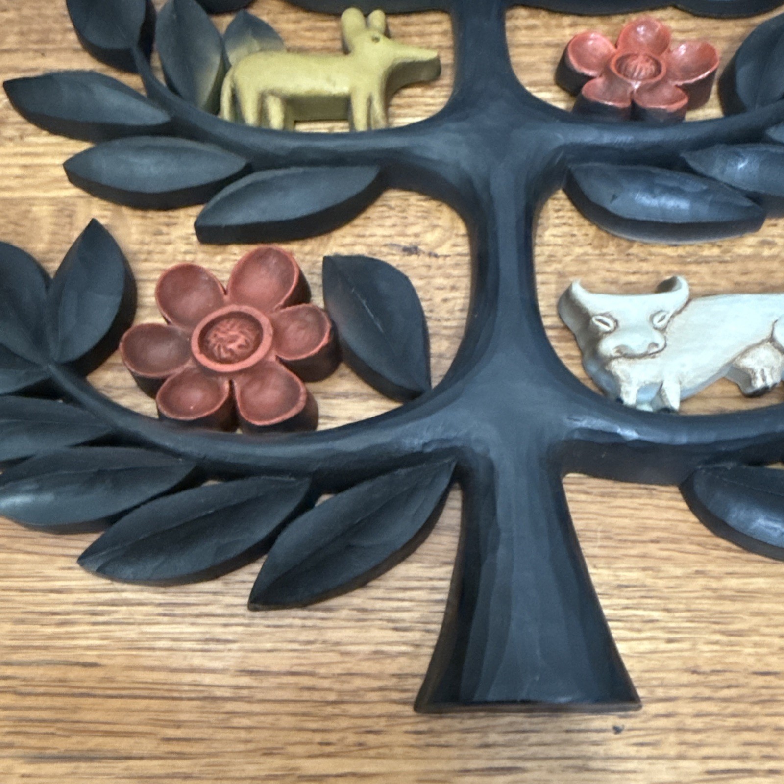 Vtg Set of 2 HOMCO Tree of Life Wall Plaques Boho Animals Flowers 14" x 13.5"