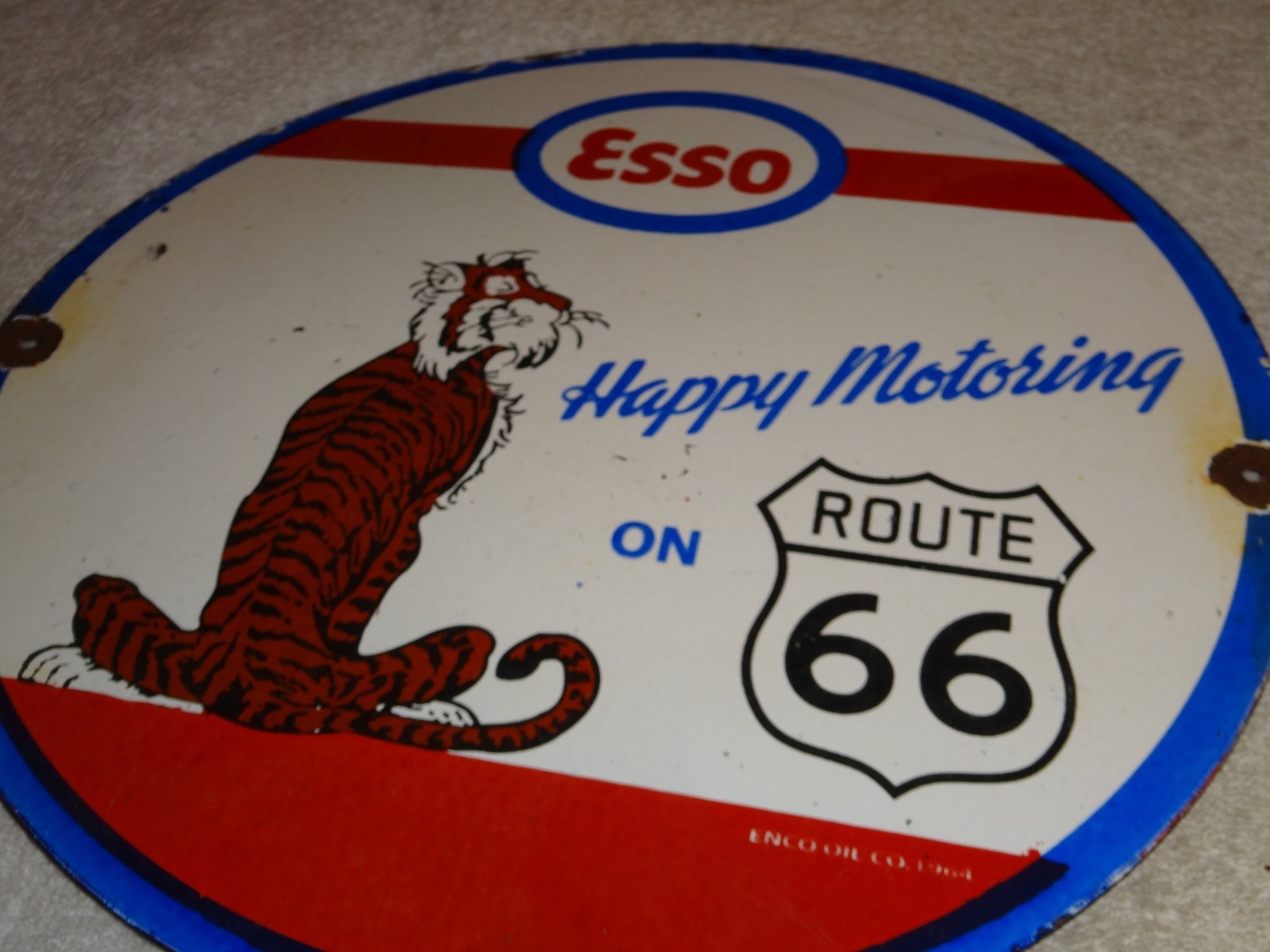 VINTAGE 1964 ESSO PUT A TIGER IN GAS TANK +ROUTE 66 11 3/4" PORCELAIN METAL SIGN