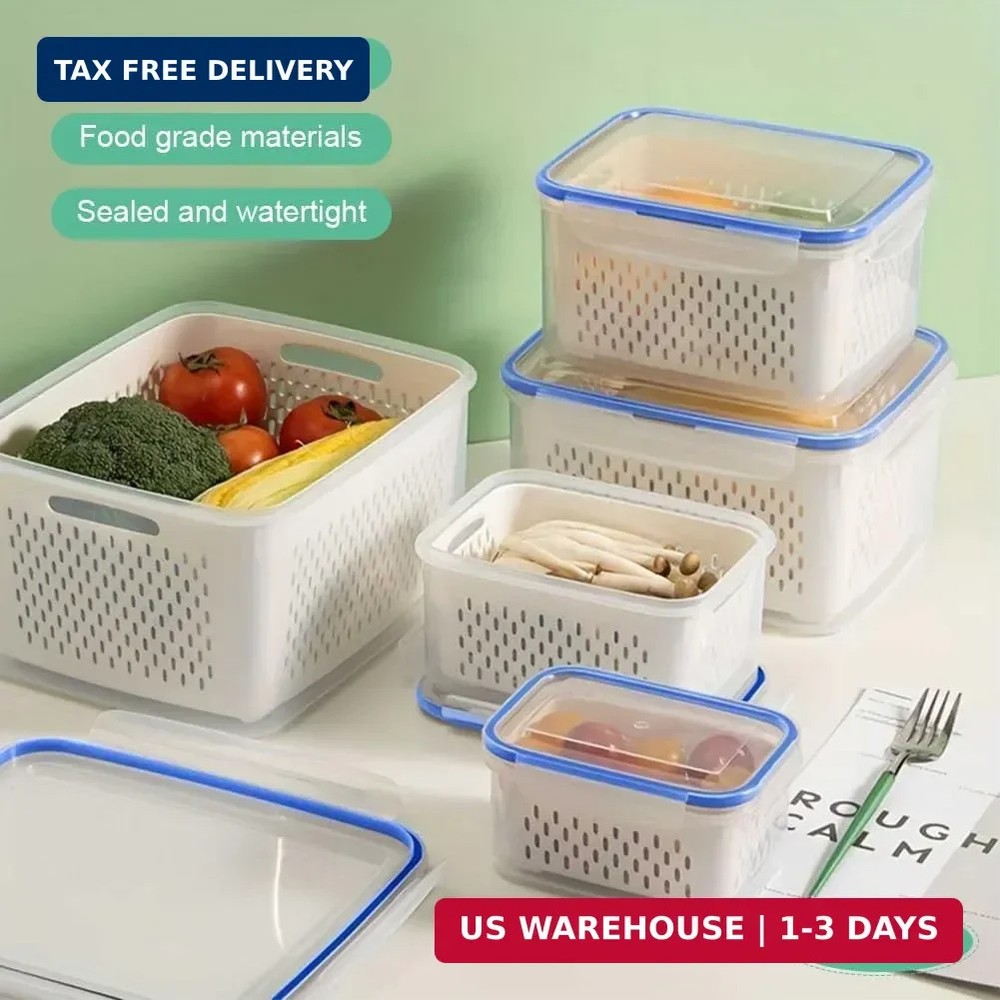 2 Pack Fruit Storage Containers for Fridge with Removable Colanders, Dishwasher