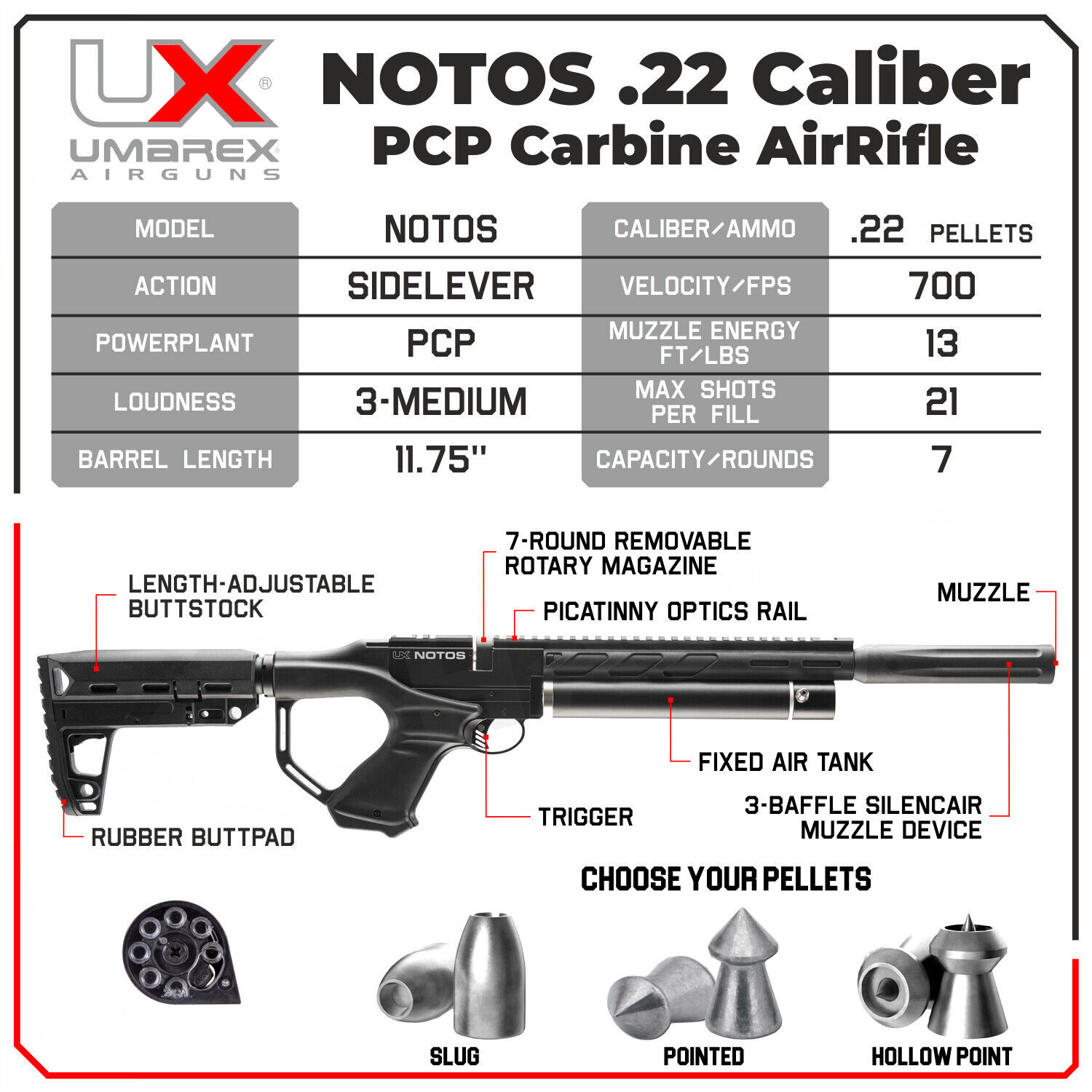 Umarex Notos Carbine .22 Caliber Air Rifle PCP with 250 Pellets Bundle (2254847)
