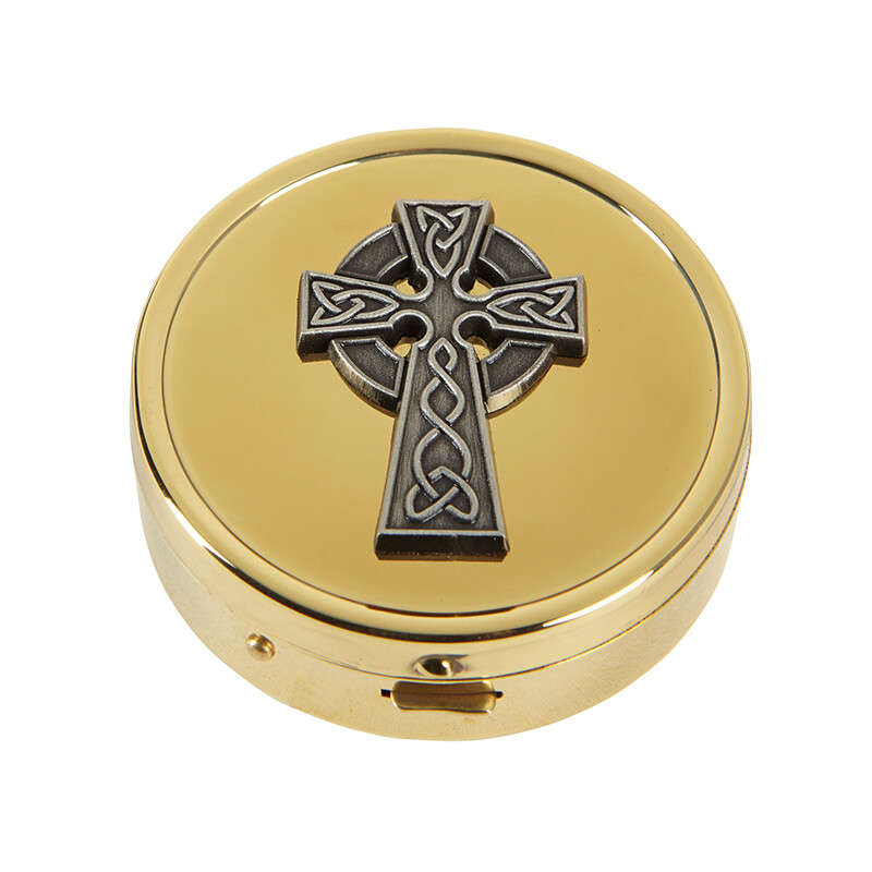 Solid Brass Pyx with Burse Celtic Cross Holds 10 Communion Hosts