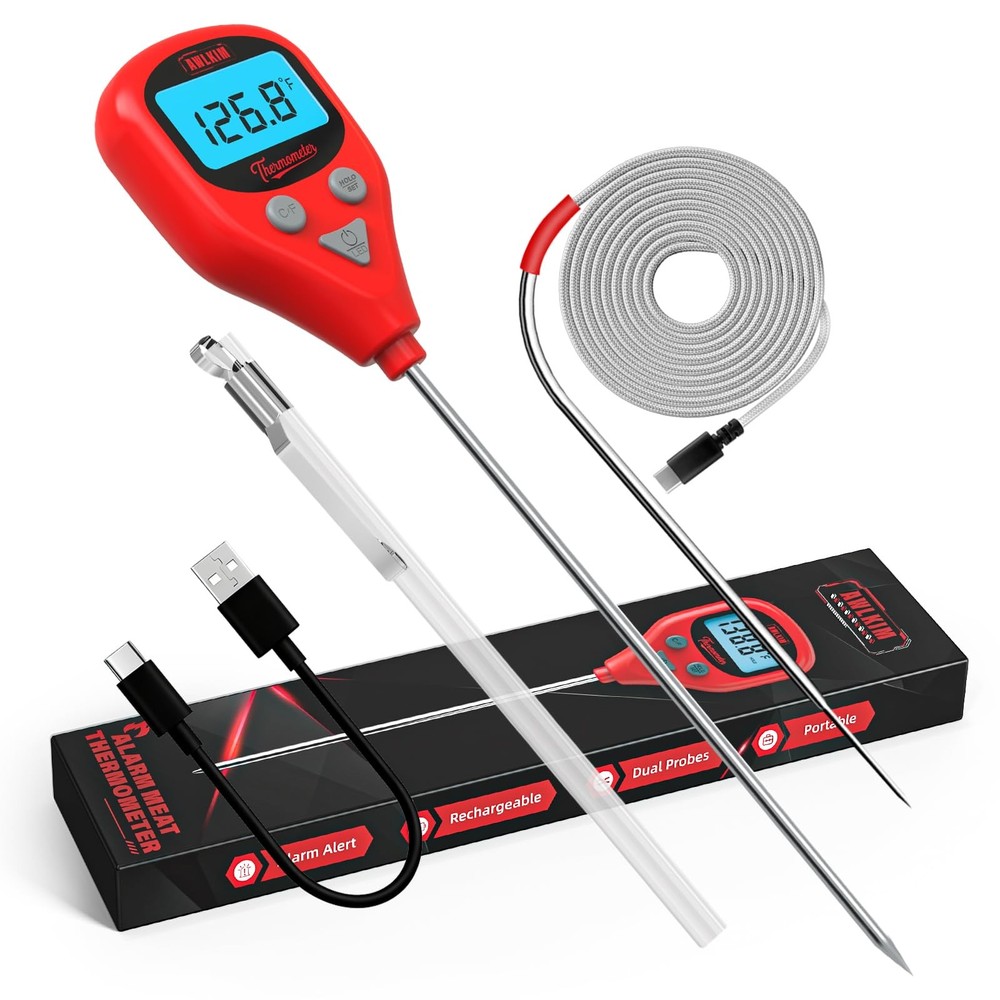 Digital Meat Thermometer set Rechargeable with External Probe Red