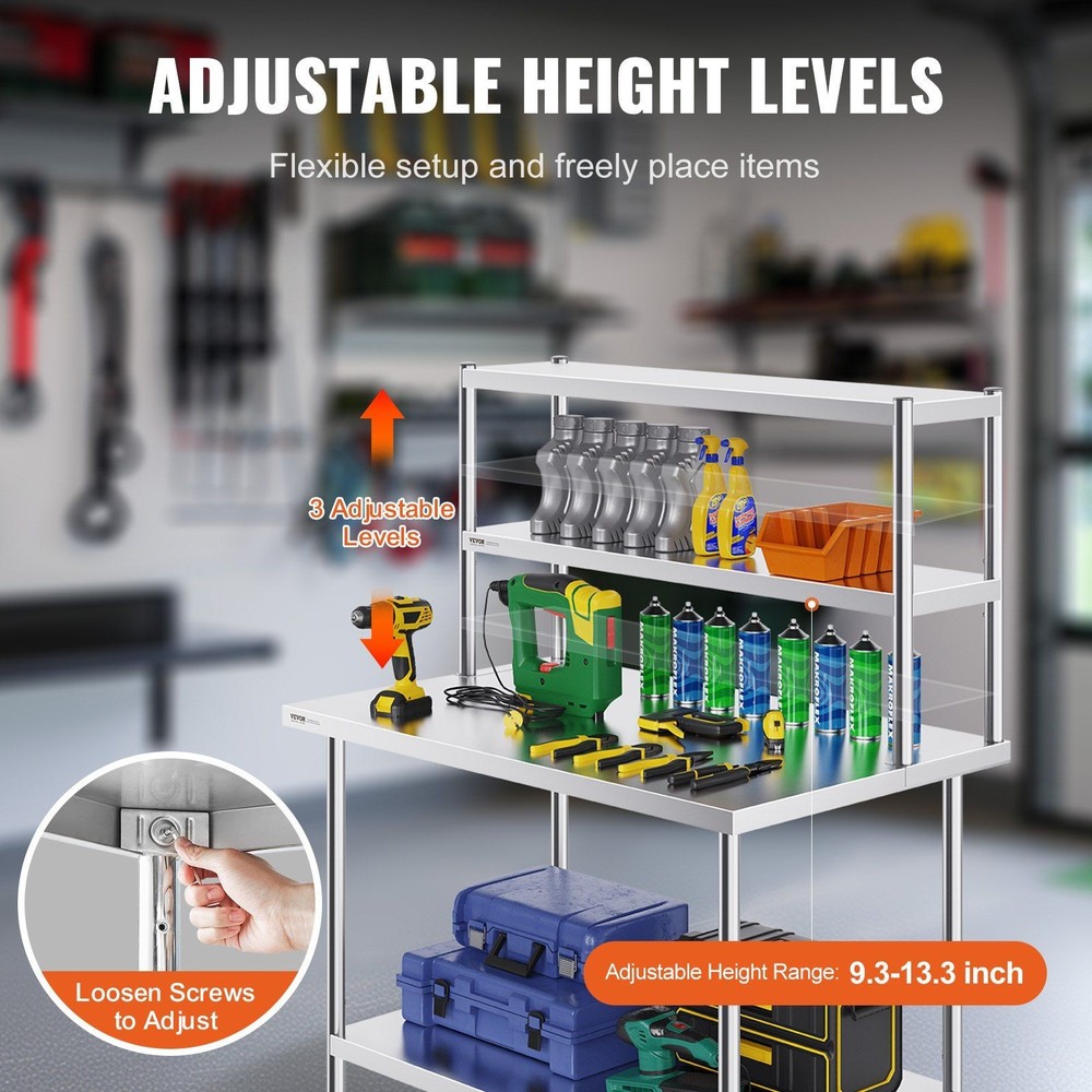 12 x 48" Double Deck Overshelf Prep Work Table Height Adjustable Overshelf