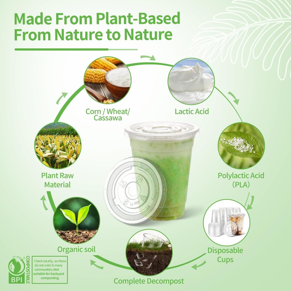 16 OZ Compostable Clear Plastic Disposable Iced Coffee Cups with Flat Lids, B...