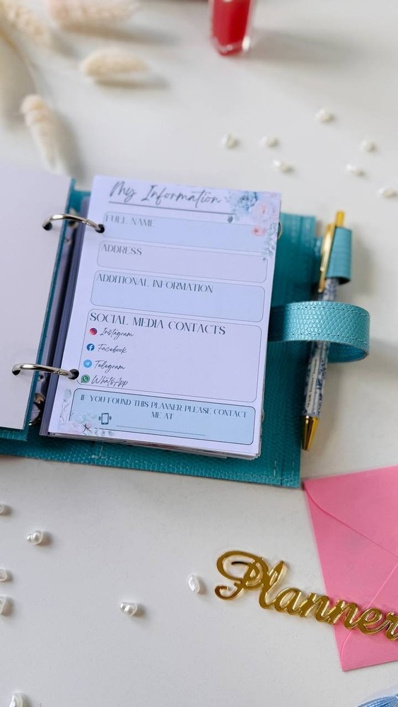 Mint blue leather planner-wallet cover A7 binder. Handmade gift.