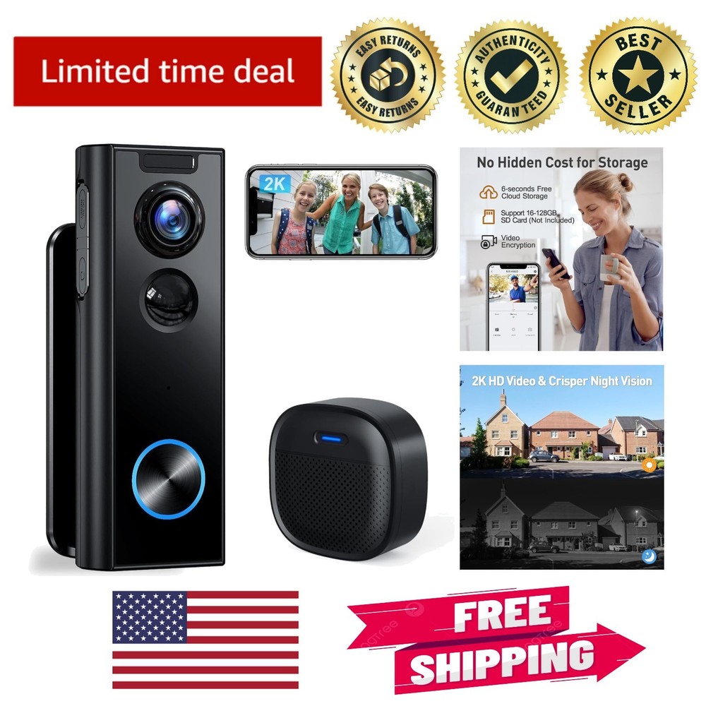 2K Wireless Doorbell Camera with Chime & Night Vision - No Subscription Needed!