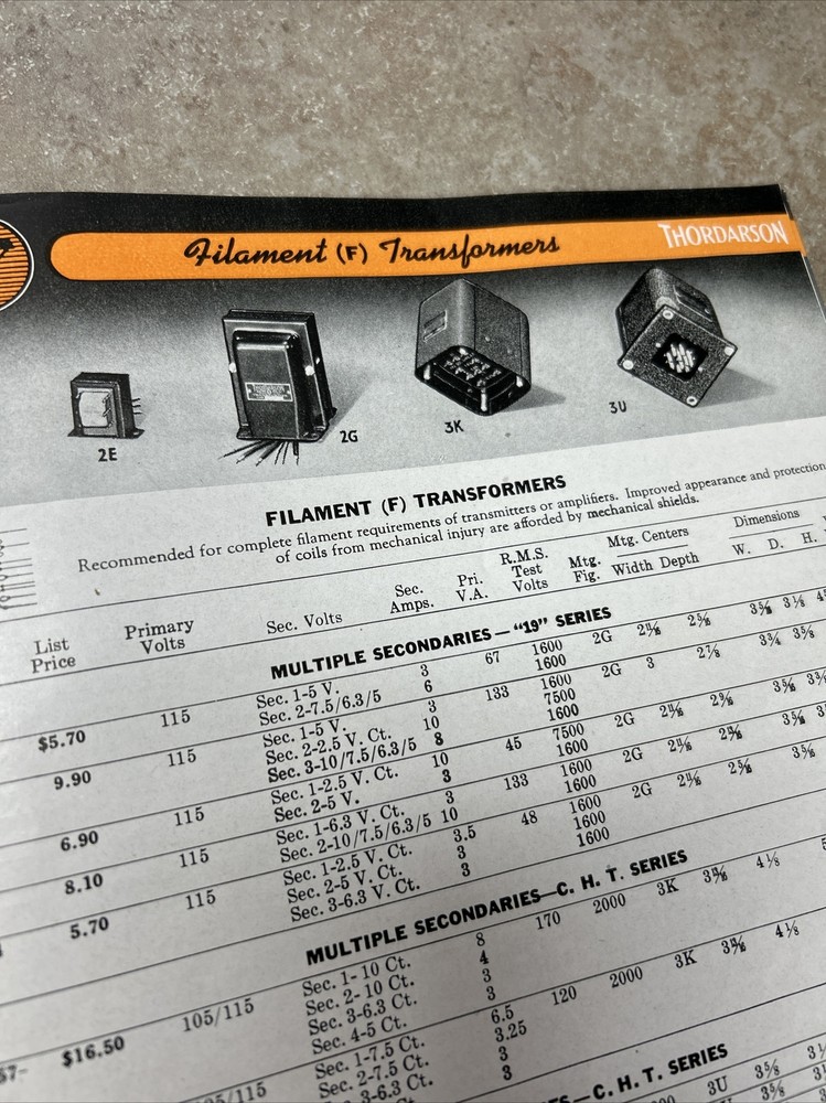 TRANSFORMERS BY THORDARSON COMPLETE CAT. NO 400-FX 1942 & COMPARISON DATA JB61