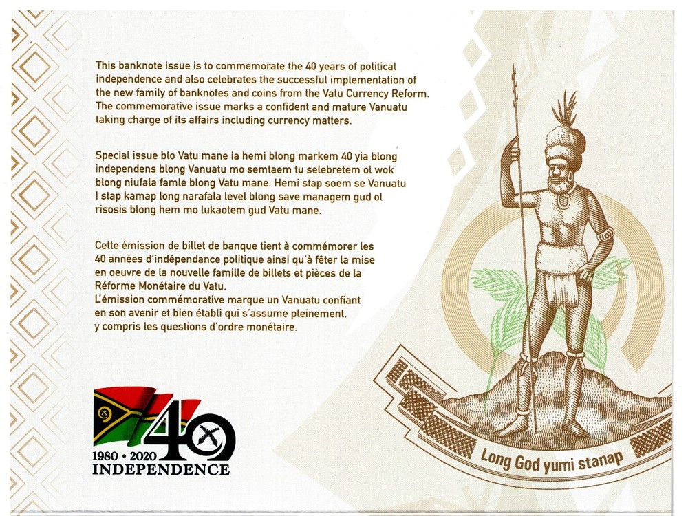 2020 Vanuatu Banknote UNC P21 1000 Vatu Polymer 40th Folder Commemorative