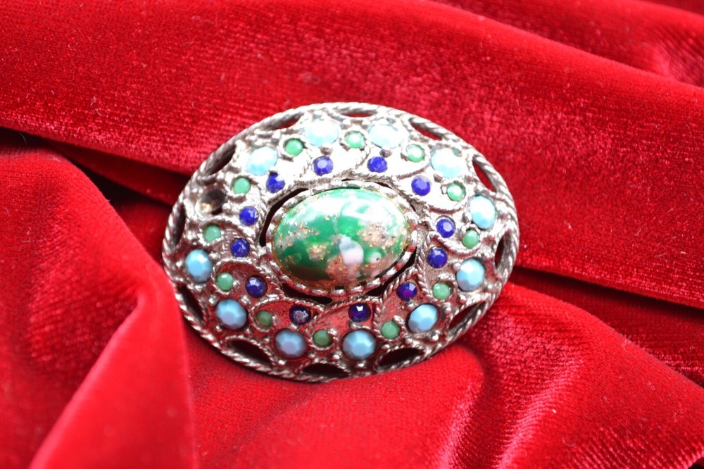 vintage enamel stone brooch