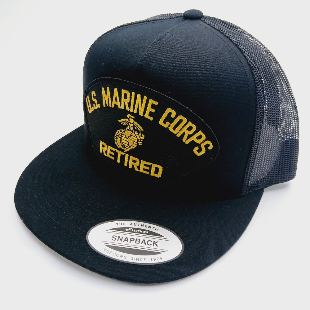 Solid Black Flatbill Mesh Snapback Retired Marine Corp Patch Hat