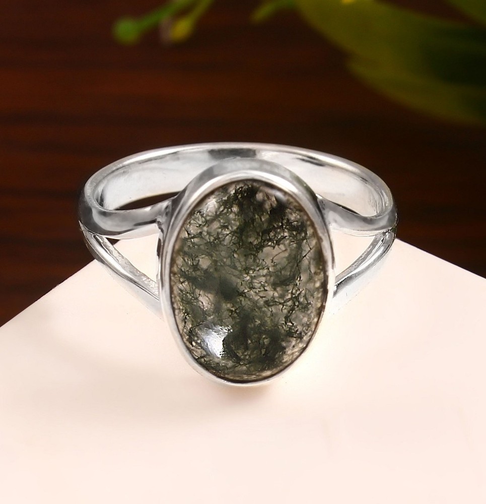 Solid 925 Sterling Silver Natural Moss Agate Oval Gemstone Handmade Band Ring