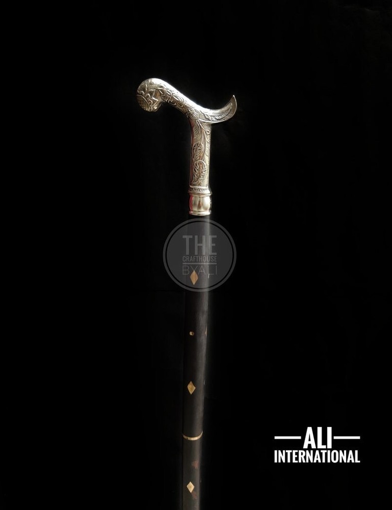 Stylish Solid Silver Brass Head Handle Victorian Wooden Walking Stick Cane