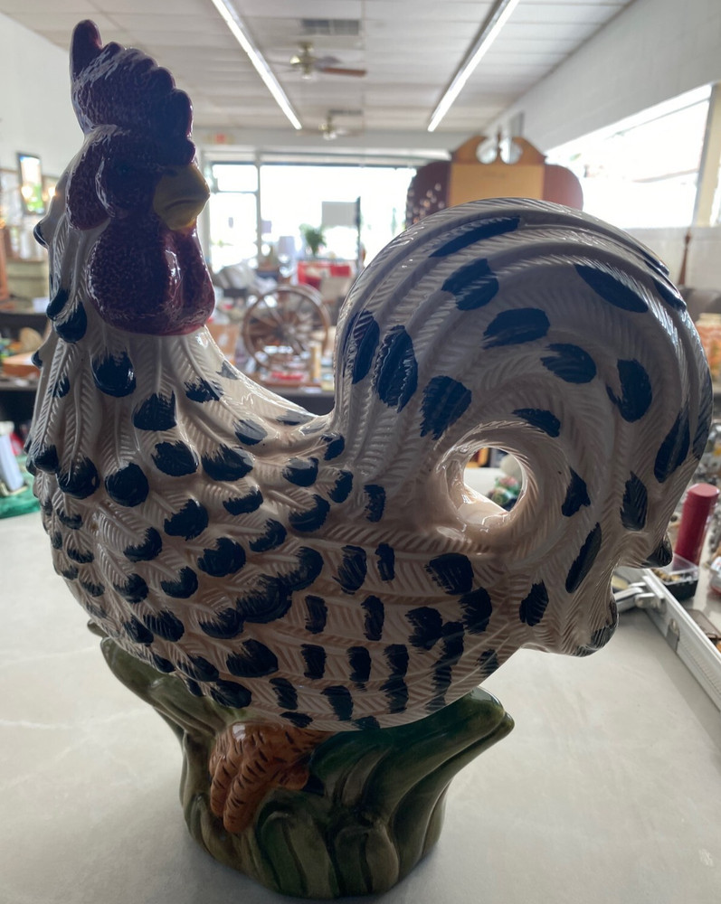 Ceramic Black and White Speckled Country Rooster 12"