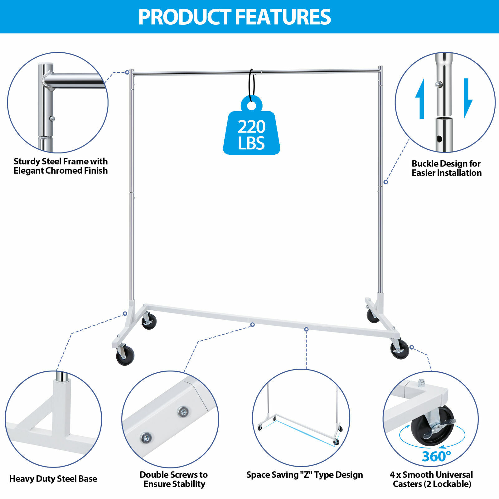 Heavy Duty Clothes Rack Z Base Garment Rack Rolling Clothing Rack on Wheels