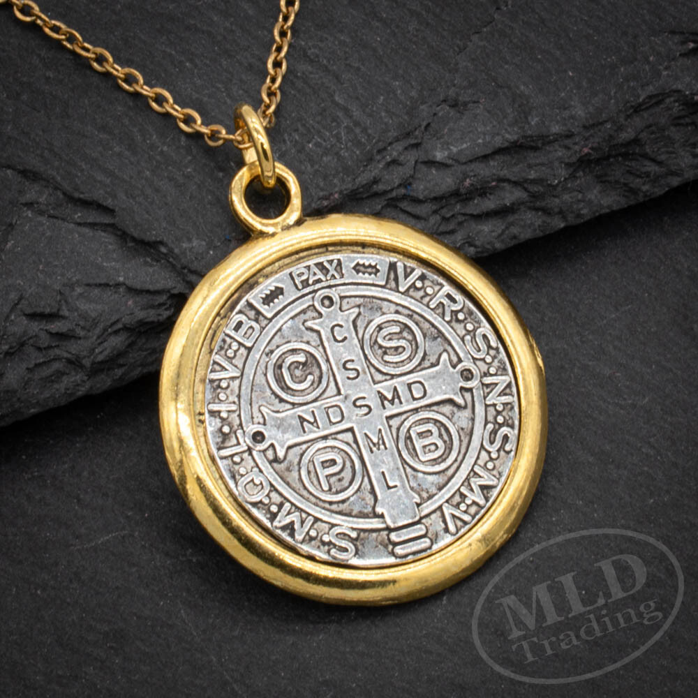 Saint St Benedict Medal Pendant Necklace: Silver w/ Gold Border, 1", 18" Chain