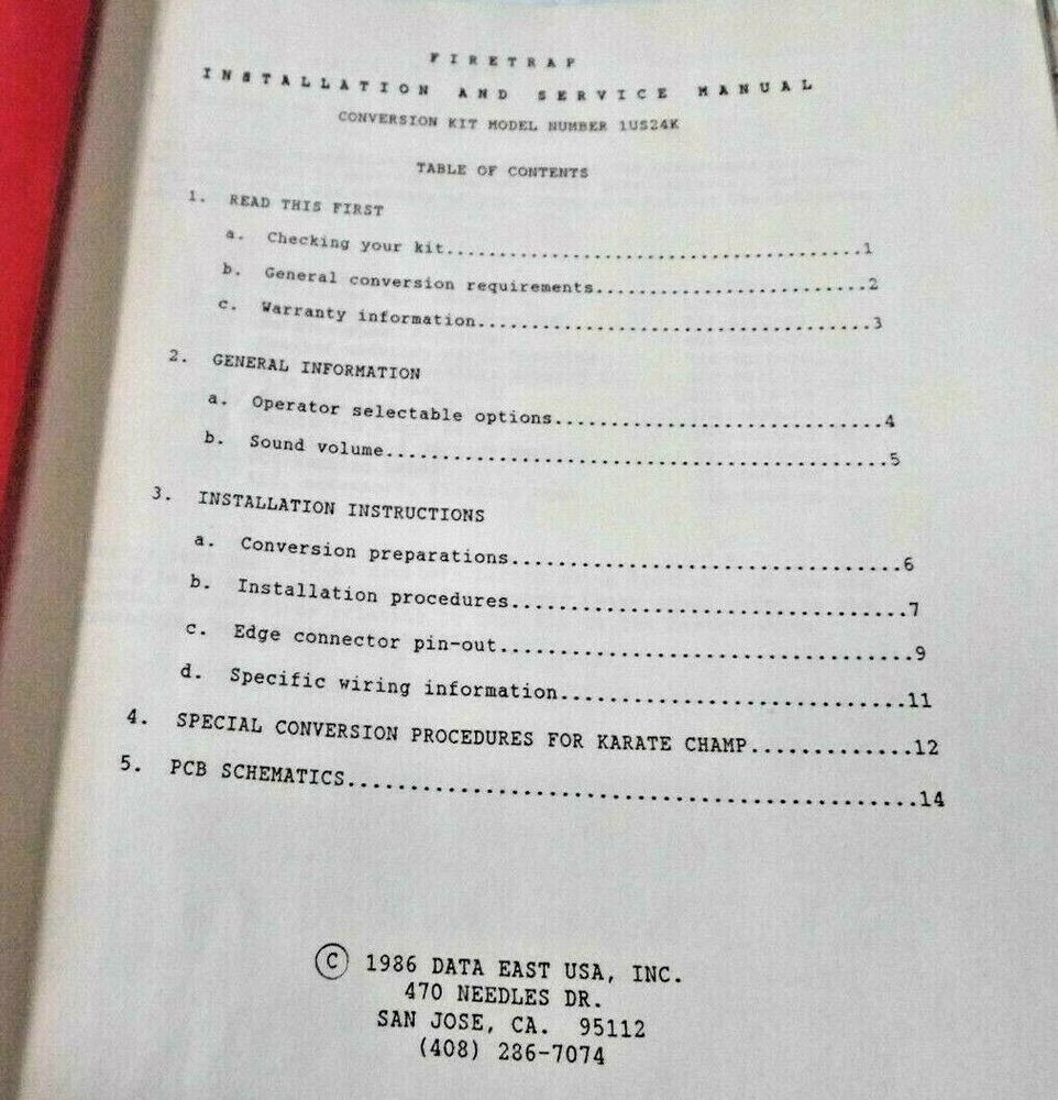 1986 Video Arcade Game Fire Trap Conversion Kit Installation Service Manual