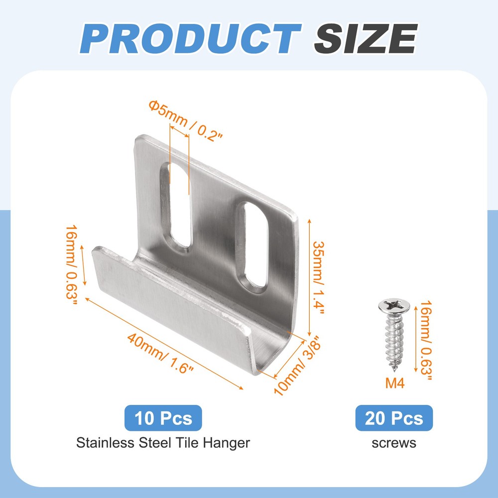 10 Pcs Adjustable Tile Hooks, Silver, Width 10mm (3/8")