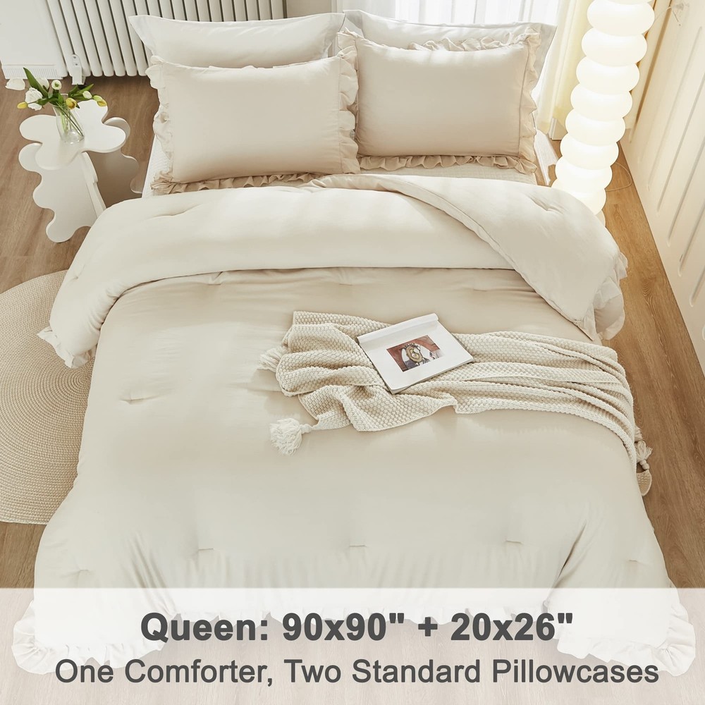 Queen Comforter Set Beige 3 Pieces Ruffle Lightweight Bedding Comforter Set Fluf