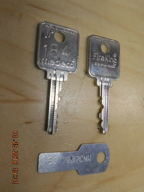 Fireking Medeco keys cut by the code number. Code range 101-264. 64S on lock