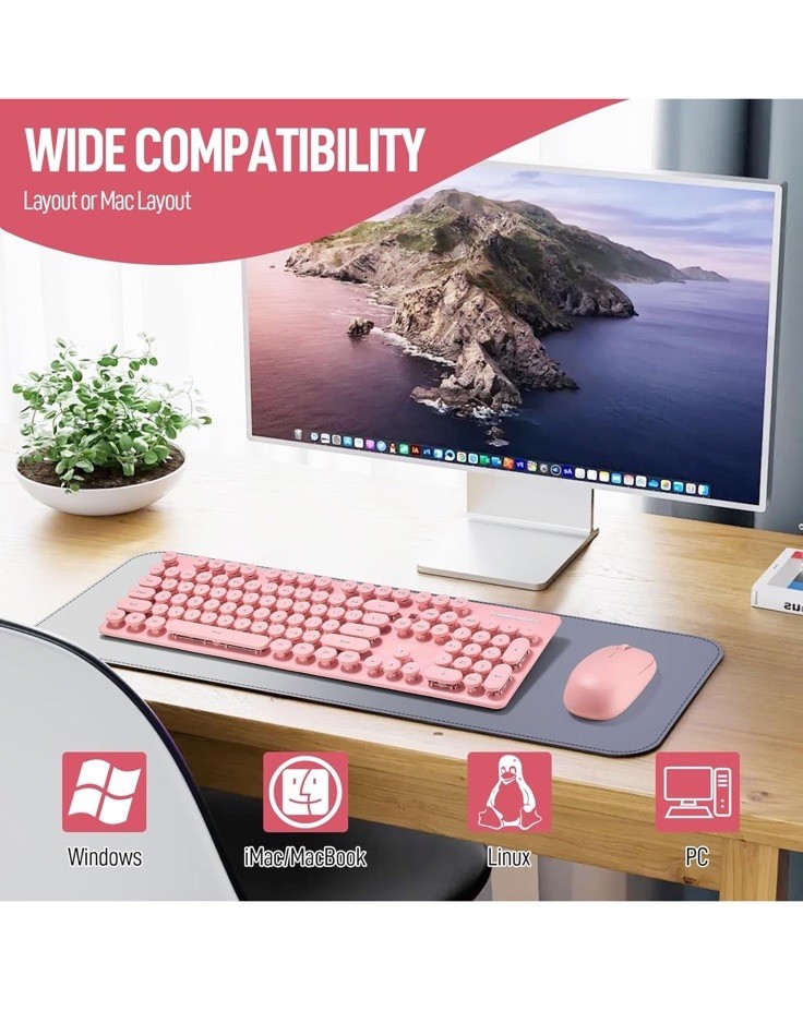 Wireless Keyboard and Mouse Combo, Full Size Compact Quiet Wireless Pink