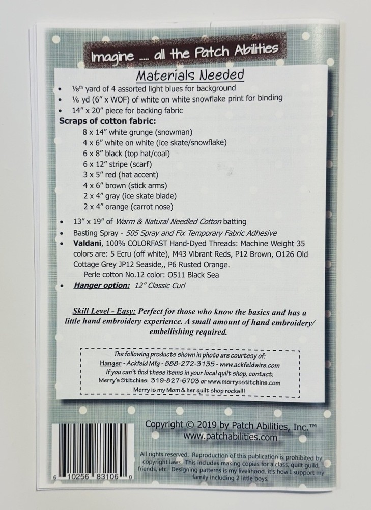 Patch Abilities Mr Frosty Pattern with Hanger P232H