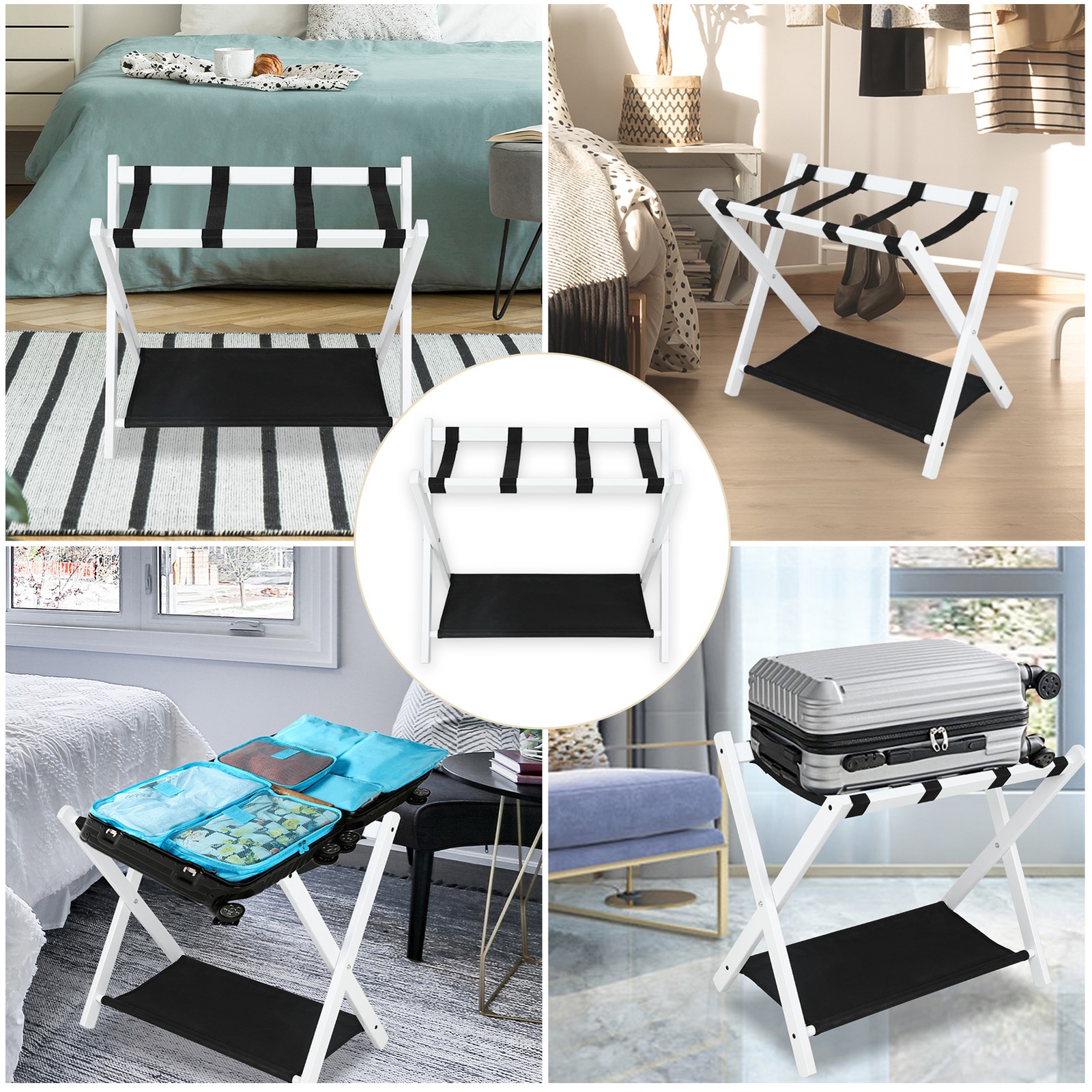 Set of 2 Folding Luggage Rack Soild Wood Stand Suitcase Holder w/ Shelf White