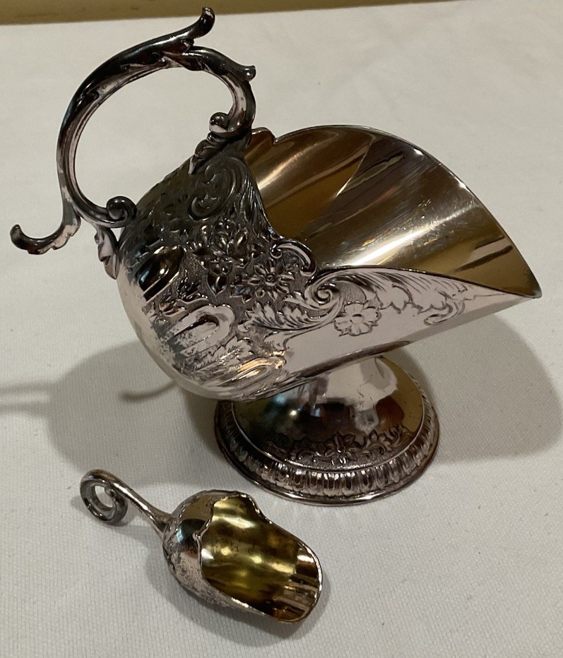 Vintage Pedestal Silver Plated (?) Gravy Boat Sauce with Hanging Mini Scoop