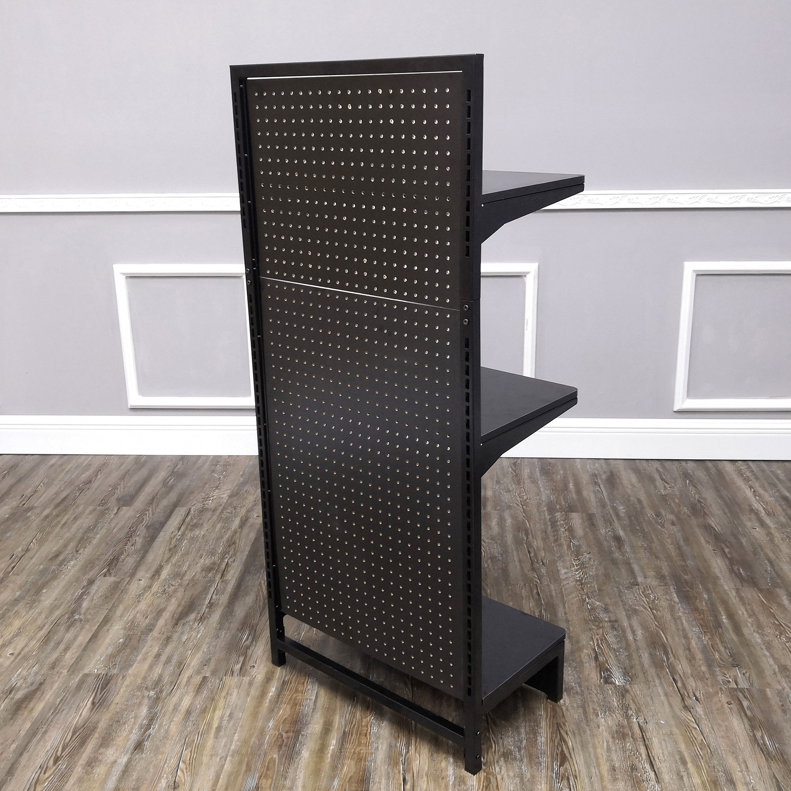 24.0" Wide Gondola Rack Stand with Two Shelves Black Pegboard Display