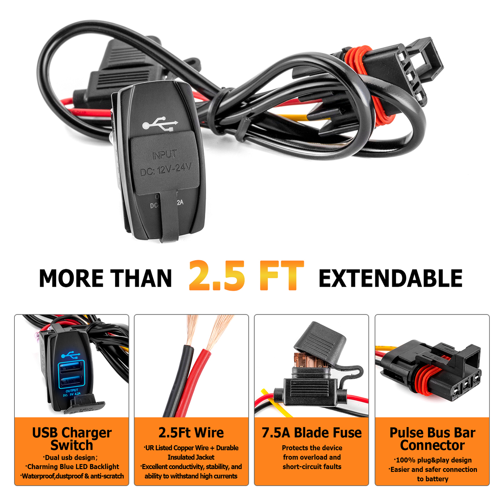 Plug & Play Dual USB 4.2A Fast Charger Wire For 2024 Polaris RZR XP 1000/4 1000