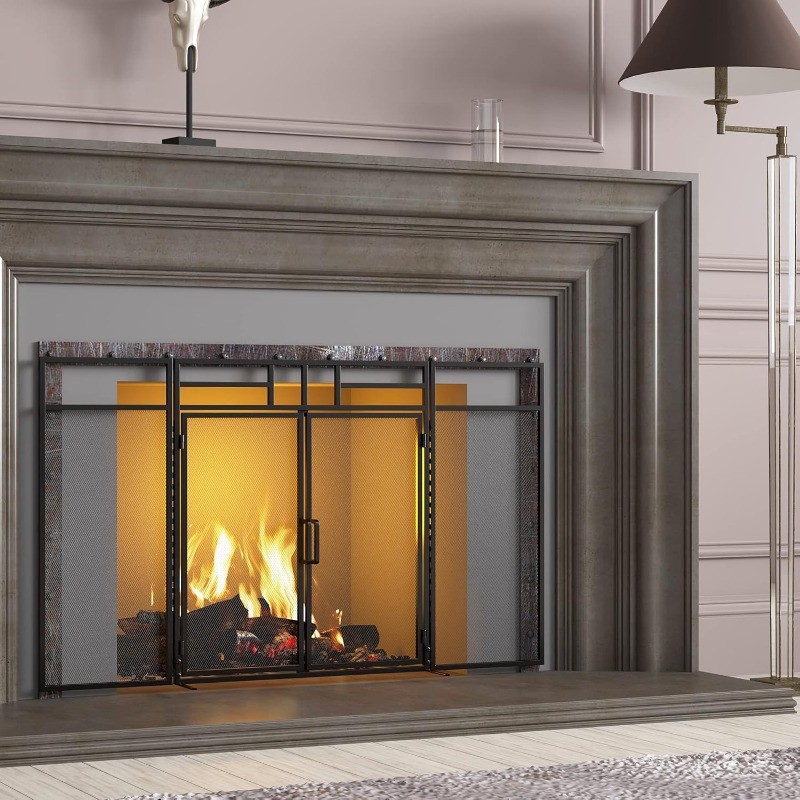 Panel Folding Fireplace Screen with Magnetic Hinged Doors, Solid Wrought Iron