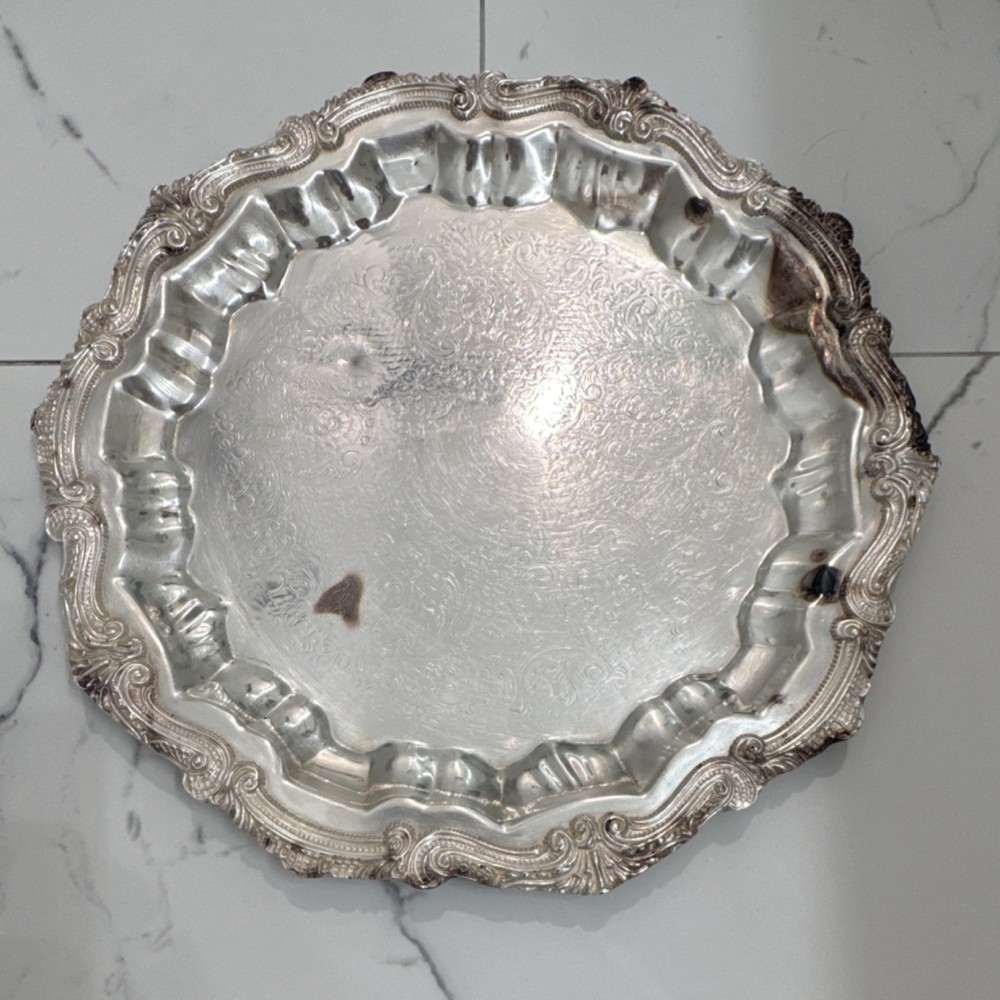 English Silver Mfg Corp Silver Plate Ornate Round Tray, Approx. 15”