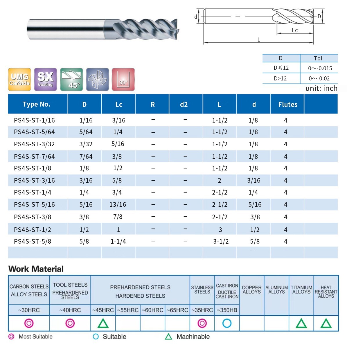 5 PCS 1/8" 4 Flutes Square 45° Helix Carbide End Mill Bits AlTiCrN Coated HRC 50