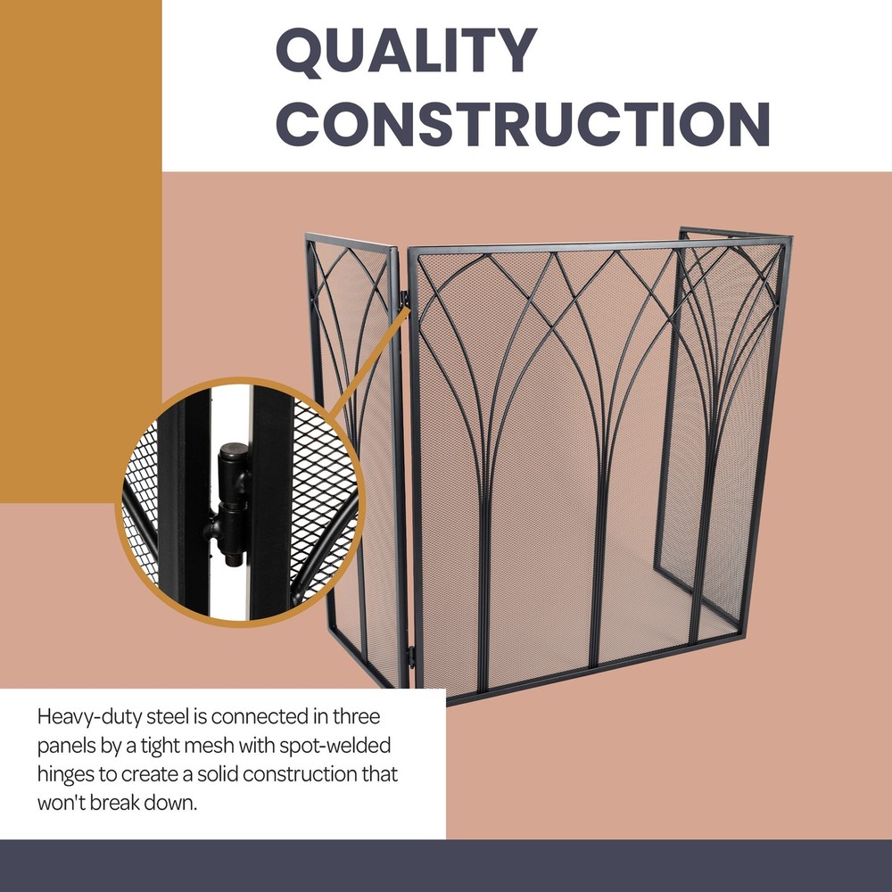 Fireplace Screen 3 Panel Fireplace Gate Protective Mesh Fireplace Covers, Black