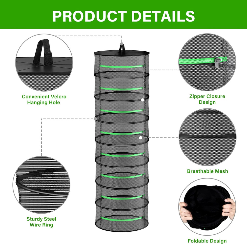 Herb Drying Rack 2-Pack 8-Layer 2Ft Foldable Hanging Mesh Net Dryer with Zippers