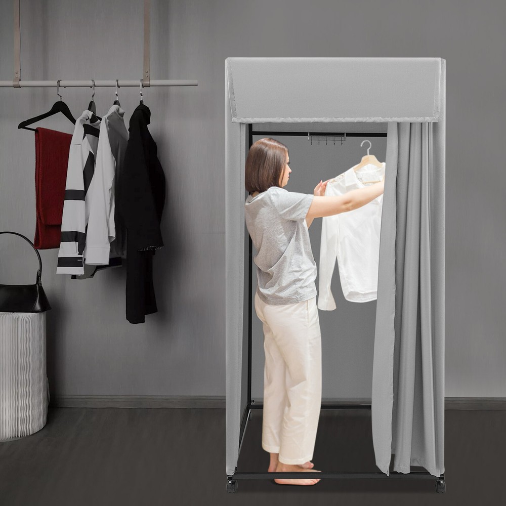 Rolling Fitting Room Portable Dressing Room Frame With Curtain & Hook Gray Color