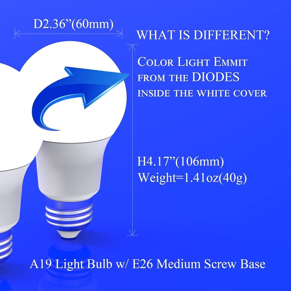 Blue Light Colored A19 LED Light Bulb 60W Equivalent (7W) E26 Base Waterproof
